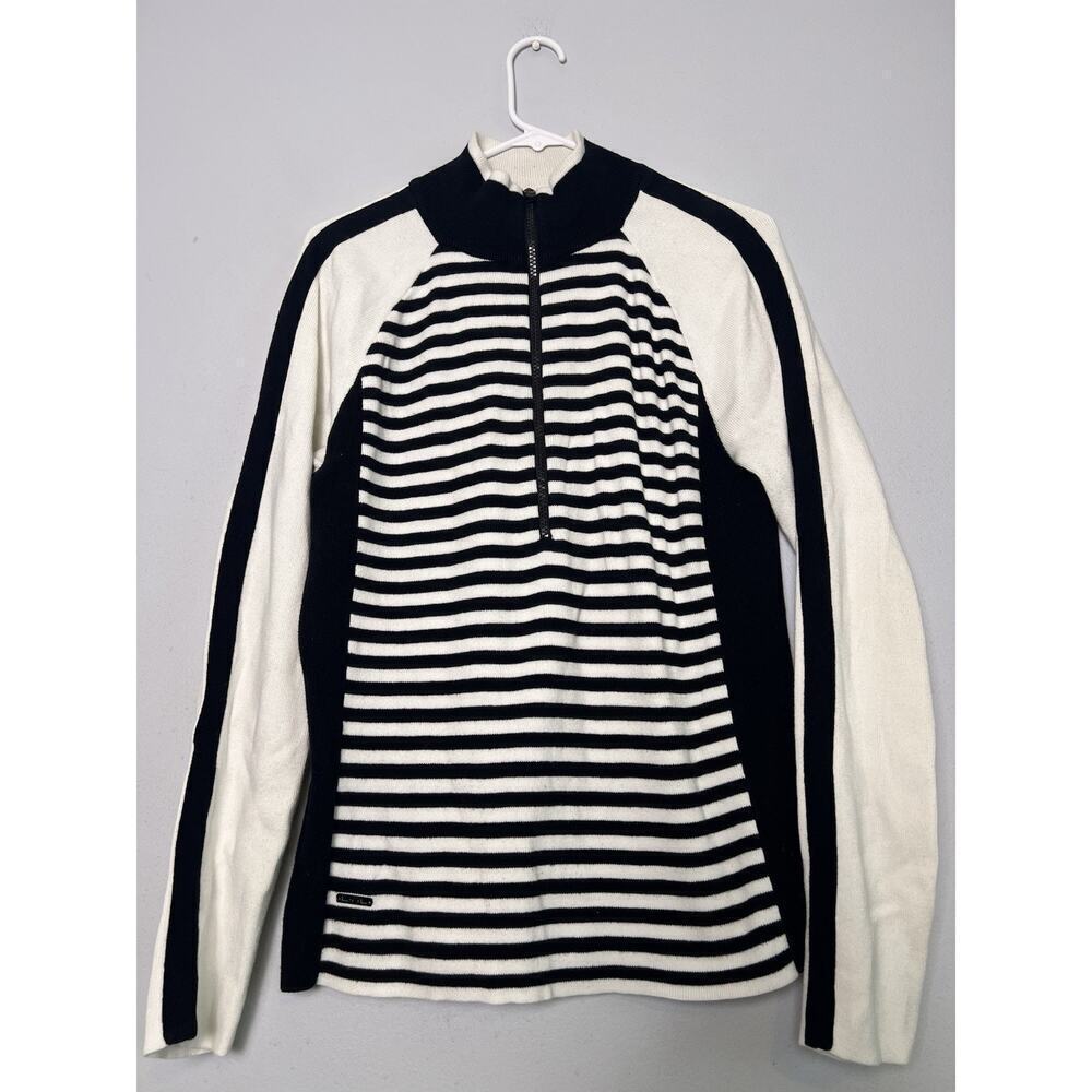 LRL Women's Half Zip Pullover Sweater Black White Stripe Sz XL